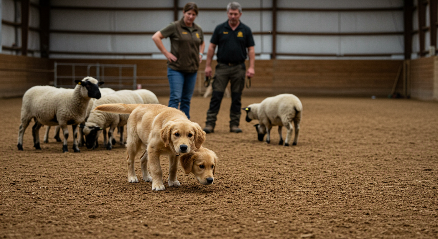 Young dog looking uncertain and sniffing the ground away from sheep with evaluator and handler in background in instinct test arena