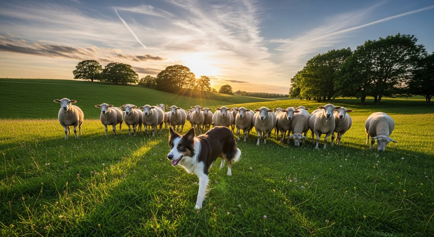 Border Collie herding sheep in green pasture