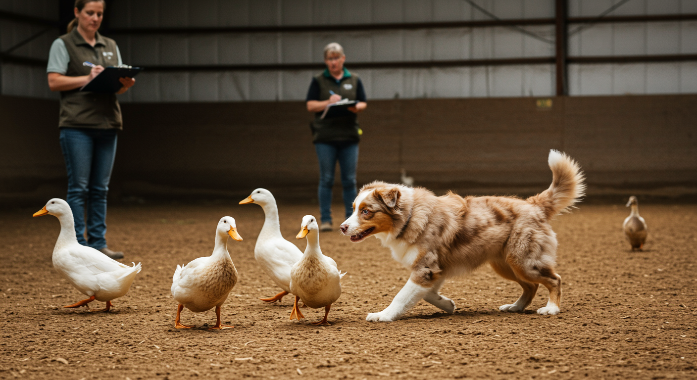 Young Australian shepherd circling a small group of Indian Runner ducks in an enclosed arena with evaluator watching