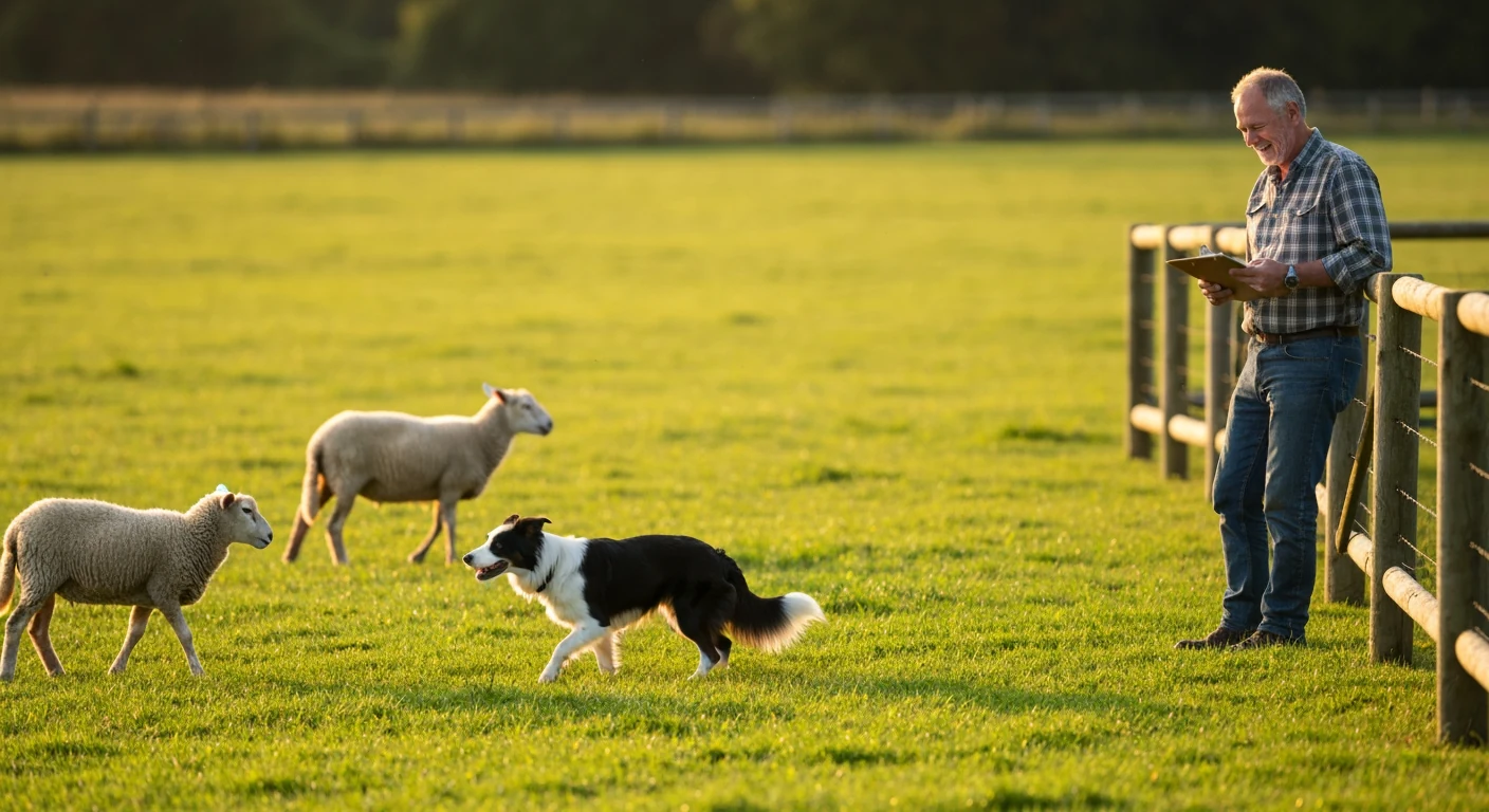 A large black Russian Black Terrier standing on a gravel path in a fenced training yard at golden hour, photographed from a low three-quarter angle with the handler&rsquo;s legs visible in the background.
